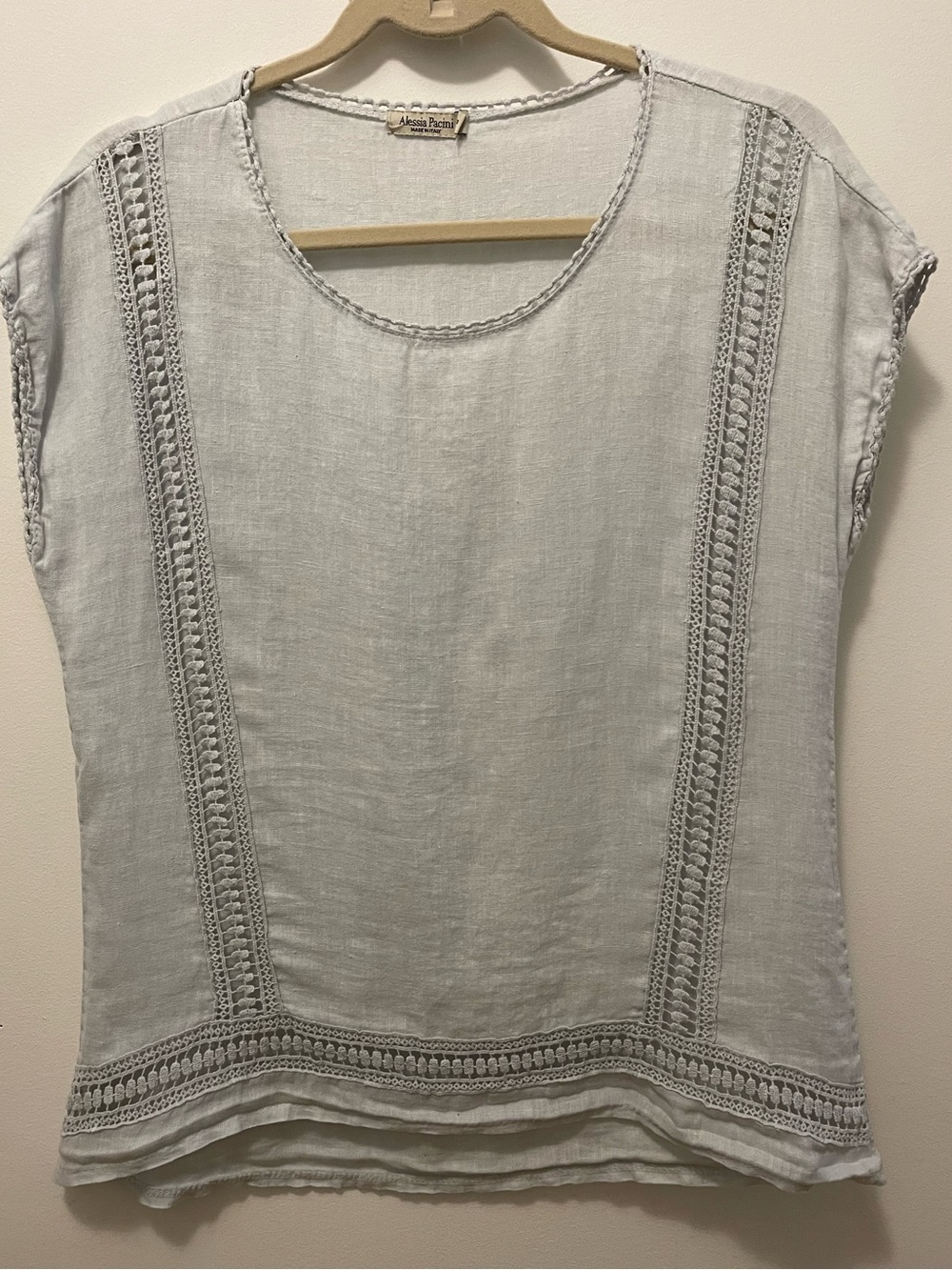 Light Blue 100% Linen Women's Blouse with Cotton Crochet Trim